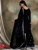 Black Embroidered Faux Georgette Kurta Sharara Set with Dupatta