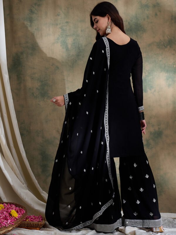 Black Embroidered Faux Georgette Kurta Sharara Set with Dupatta