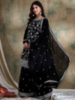 Black Embroidered Faux Georgette Kurta Sharara Set with Dupatta