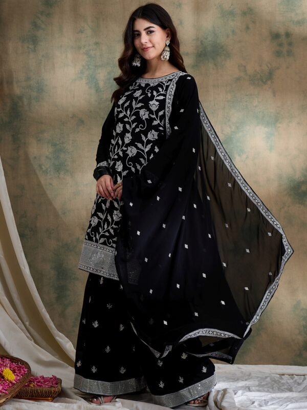 Black Embroidered Faux Georgette Kurta Sharara Set with Dupatta