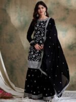 Black Embroidered Faux Georgette Kurta Sharara Set with Dupatta