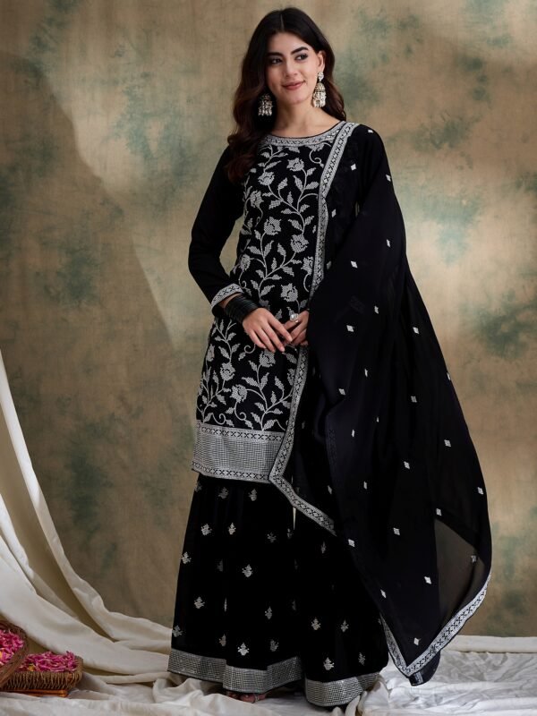 Black Embroidered Faux Georgette Kurta Sharara Set with Dupatta