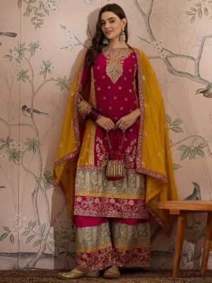 Pink Embroidered Chinon Kurta Palazzo Set with Dupatta – Stitched