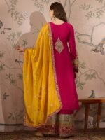 Pink Embroidered Chinon Kurta Palazzo Set with Dupatta – Stitched