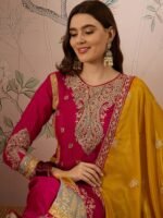 Pink Embroidered Chinon Kurta Palazzo Set with Dupatta – Stitched