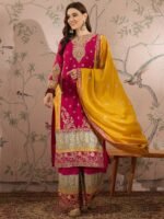 Pink Embroidered Chinon Kurta Palazzo Set with Dupatta – Stitched
