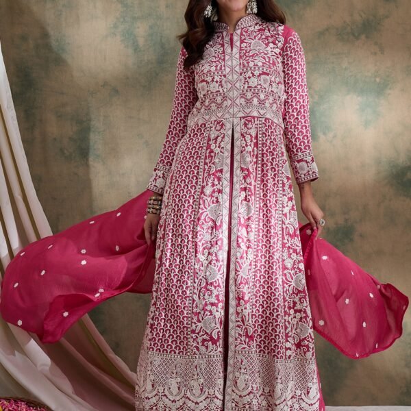Pink Vichitra Silk Anarkali Gown with Lehenga & Embroidered Dupatta