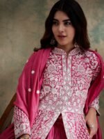 Pink Vichitra Silk Anarkali Gown with Lehenga & Embroidered Dupatta
