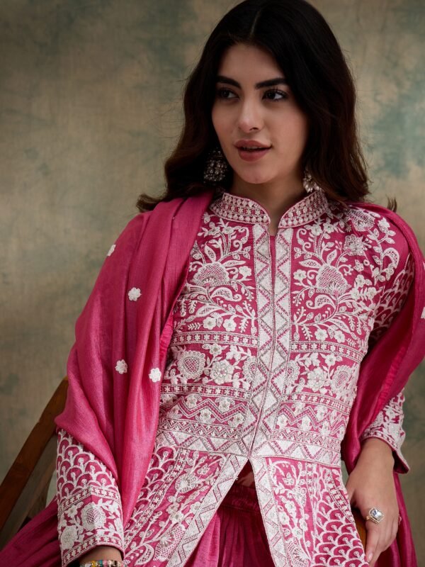 Pink Vichitra Silk Anarkali Gown with Lehenga & Embroidered Dupatta