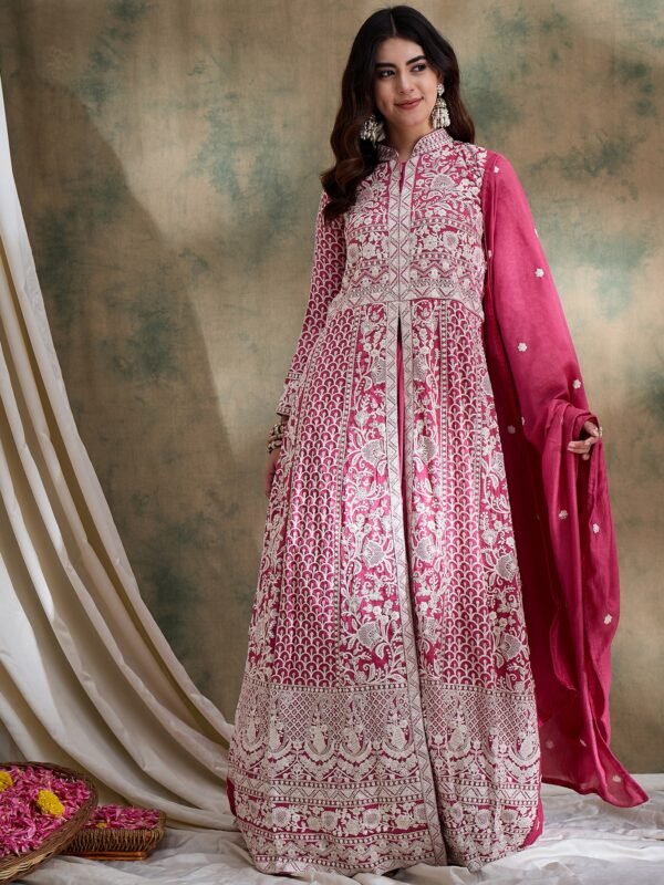 Pink Vichitra Silk Anarkali Gown with Lehenga & Embroidered Dupatta