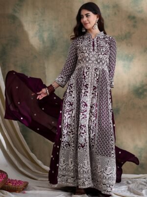 Purple Vichitra Silk Anarkali Gown with Lehenga & Embroidered Dupatta