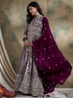Purple Vichitra Silk Anarkali Gown with Lehenga & Embroidered Dupatta