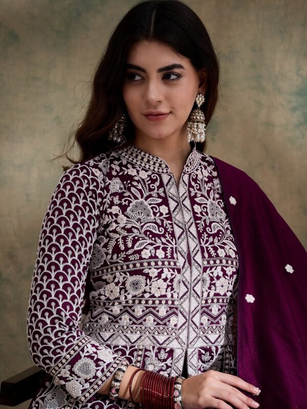 Purple Vichitra Silk Anarkali Gown with Lehenga & Embroidered Dupatta