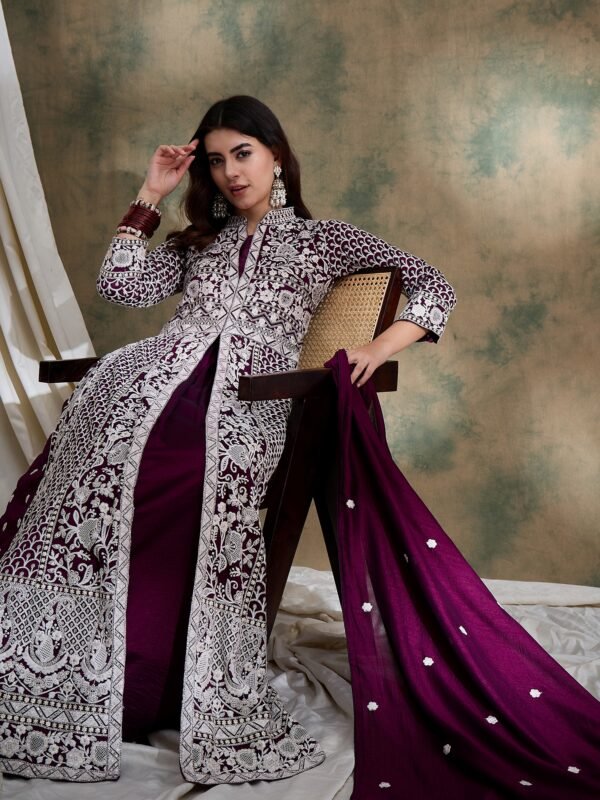 Purple Vichitra Silk Anarkali Gown with Lehenga & Embroidered Dupatta
