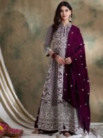 Purple Vichitra Silk Anarkali Gown with Lehenga & Embroidered Dupatta