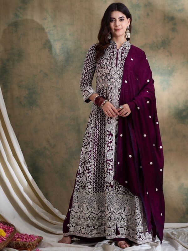 Purple Vichitra Silk Anarkali Gown with Lehenga & Embroidered Dupatta