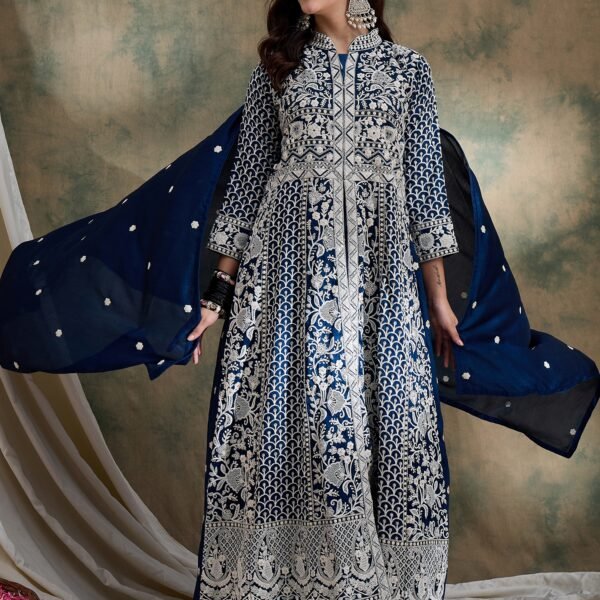 Rama Vichitra Silk Anarkali Gown with Lehenga & Embroidered Dupatta