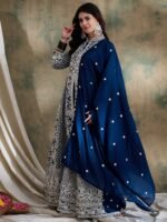 Rama Vichitra Silk Anarkali Gown with Lehenga & Embroidered Dupatta