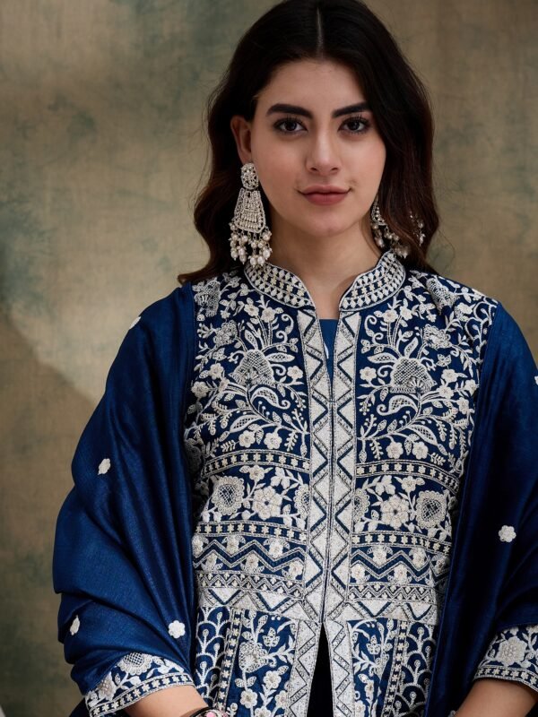 Rama Vichitra Silk Anarkali Gown with Lehenga & Embroidered Dupatta