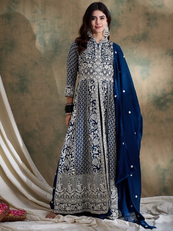 Rama Vichitra Silk Anarkali Gown with Lehenga & Embroidered Dupatta