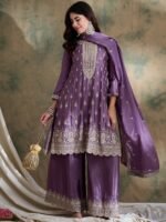 Purple Chinon Anarkali Kurta with Palazzo & Embroidered Dupatta