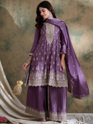 Purple Chinon Anarkali Kurta with Palazzo & Embroidered Dupatta