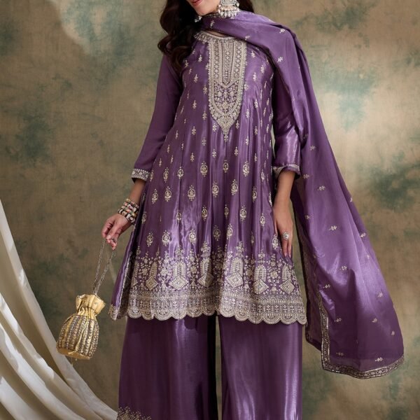 Purple Chinon Anarkali Kurta with Palazzo & Embroidered Dupatta