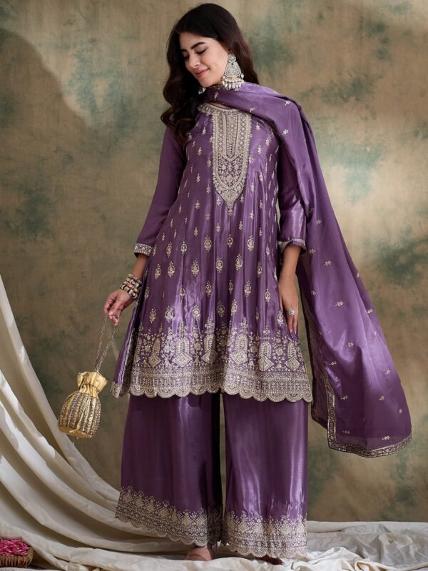 Purple Chinon Anarkali Kurta with Palazzo & Embroidered Dupatta