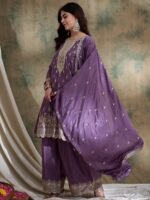 Purple Chinon Anarkali Kurta with Palazzo & Embroidered Dupatta