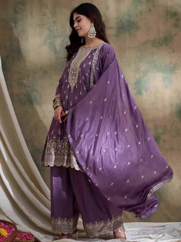Purple Chinon Anarkali Kurta with Palazzo & Embroidered Dupatta