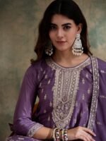 Purple Chinon Anarkali Kurta with Palazzo & Embroidered Dupatta