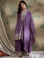 Purple Chinon Anarkali Kurta with Palazzo & Embroidered Dupatta