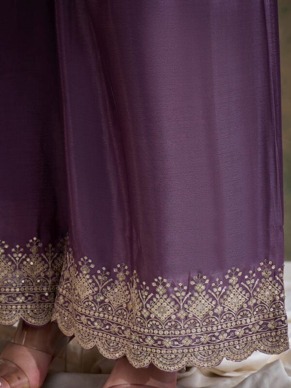 Purple Chinon Anarkali Kurta with Palazzo & Embroidered Dupatta