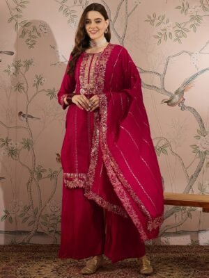 Dark Pink Vichitra Silk Kurta Palazzo Set with Embroidered Dupatta