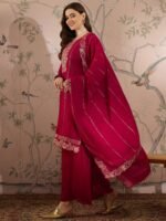 Dark Pink Vichitra Silk Kurta Palazzo Set with Embroidered Dupatta