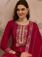 Dark Pink Vichitra Silk Kurta Palazzo Set with Embroidered Dupatta