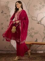 Dark Pink Vichitra Silk Kurta Palazzo Set with Embroidered Dupatta