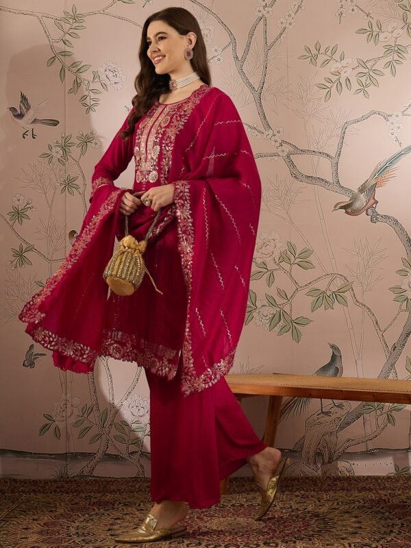 Dark Pink Vichitra Silk Kurta Palazzo Set with Embroidered Dupatta