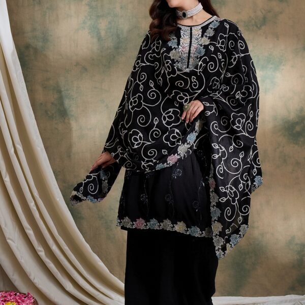 Black Vichitra Silk Kurta Palazzo Set with Embroidered Dupatta