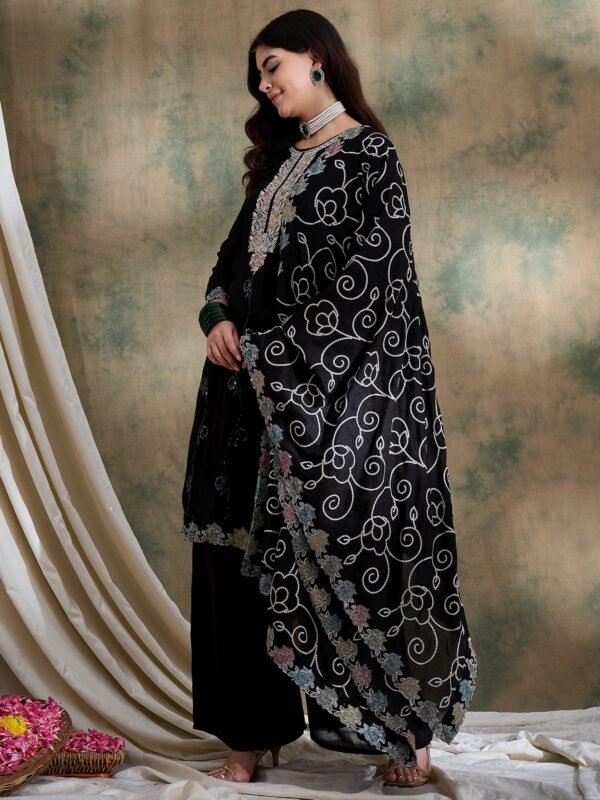 Black Vichitra Silk Kurta Palazzo Set with Embroidered Dupatta