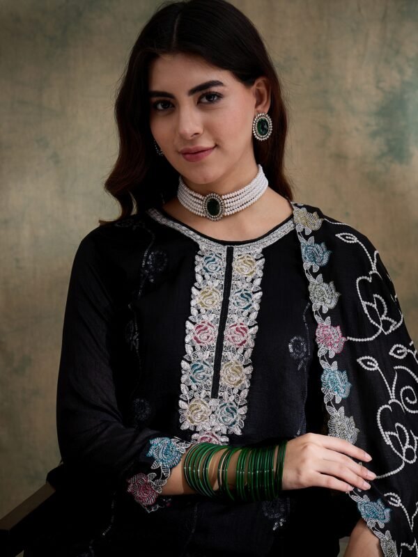 Black Vichitra Silk Kurta Palazzo Set with Embroidered Dupatta