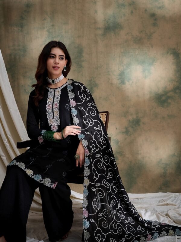 Black Vichitra Silk Kurta Palazzo Set with Embroidered Dupatta