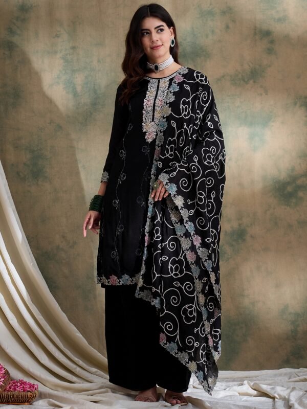 Black Vichitra Silk Kurta Palazzo Set with Embroidered Dupatta
