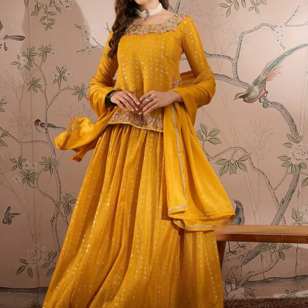 Yellow Embroidered Straight Choli Lehenga Set with Dupatta