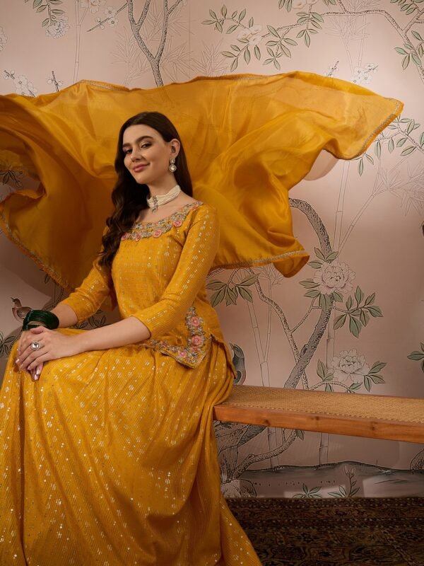 Yellow Embroidered Straight Choli Lehenga Set with Dupatta