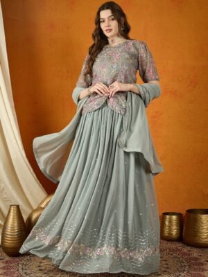 Grey Faux Georgette Lehenga with Kurta & Lace Dupatta