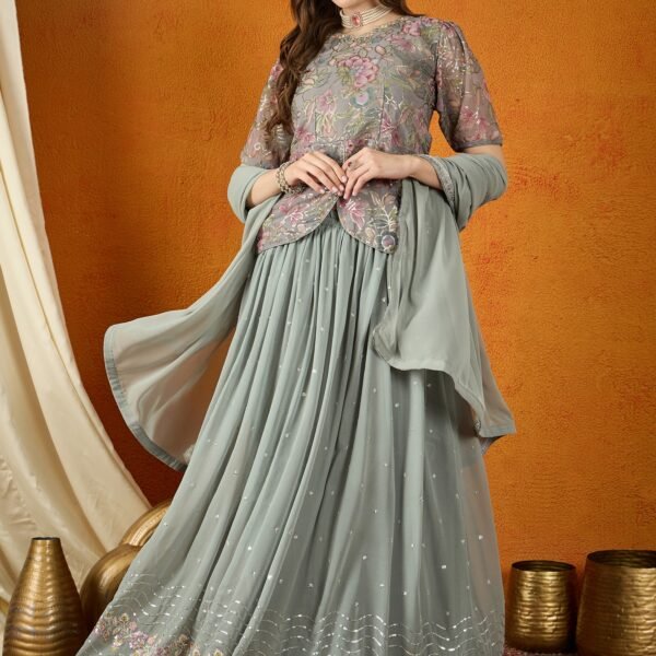 Grey Faux Georgette Lehenga with Kurta & Lace Dupatta