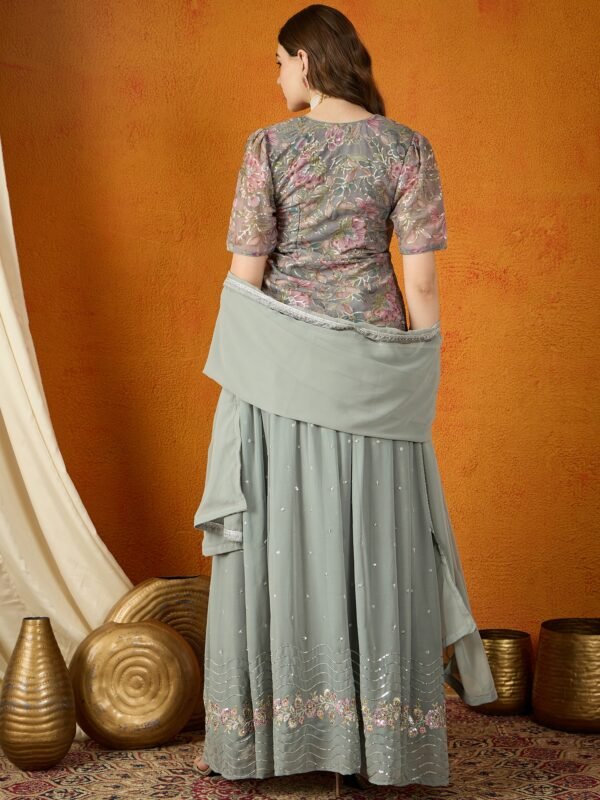 Grey Faux Georgette Lehenga with Kurta & Lace Dupatta