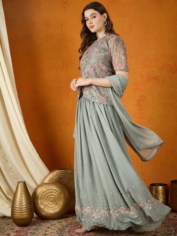 Grey Faux Georgette Lehenga with Kurta & Lace Dupatta