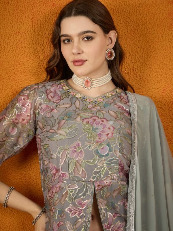 Grey Faux Georgette Lehenga with Kurta & Lace Dupatta